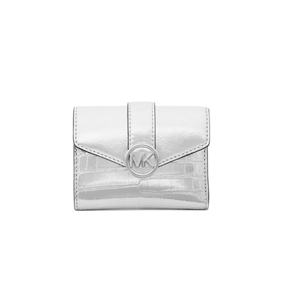 MICHAEL KORS- Carmen Medium Metallic Crocodile Tri-Fold Envelope Wallet - Silver - Picture 4 of 6